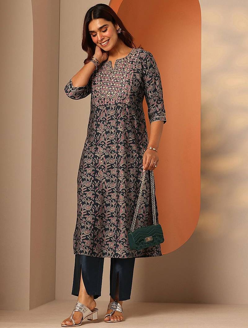 paisley printed notch neck thread work straight kurta with trousers