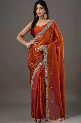 Rust embellished beads and stones satin designer saree