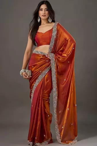 Rust embellished beads and stones satin designer saree
