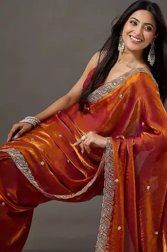 Rust embellished beads and stones satin designer saree