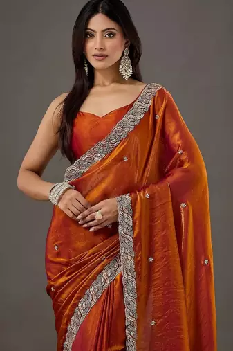 Rust embellished beads and stones satin designer saree