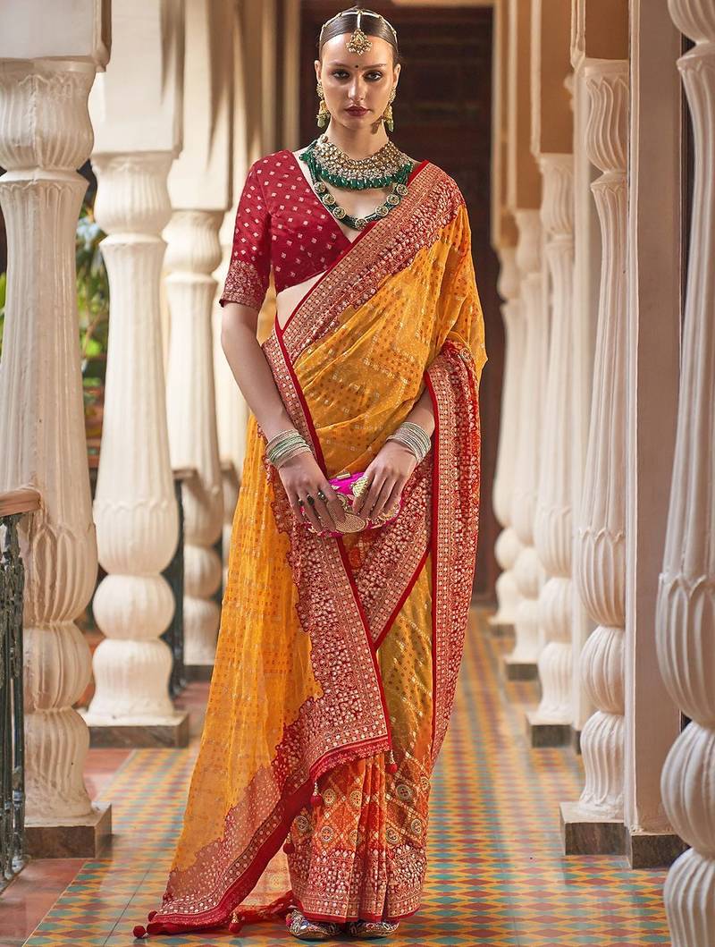 Yellow bandhani  georgette leheriya saree