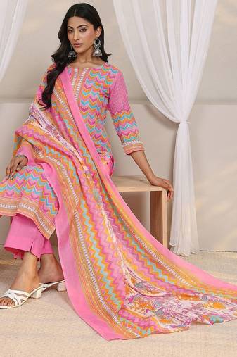libas pink chevron printed straight suit set with dupatta