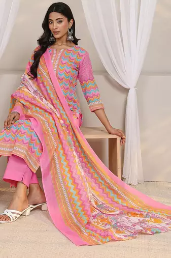 libas pink chevron printed straight suit set with dupatta