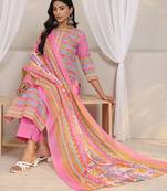 libas pink chevron printed straight suit set with dupatta
