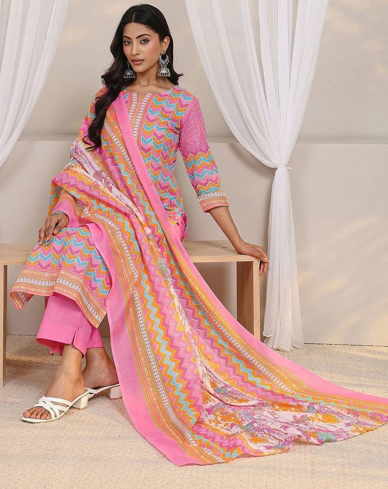 libas pink chevron printed straight suit set with dupatta