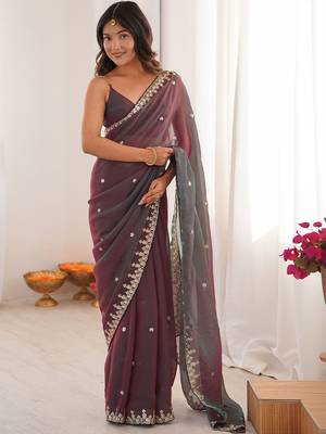 Multicolor ethnic motifs embroidered  chiffon heavy work saree 1