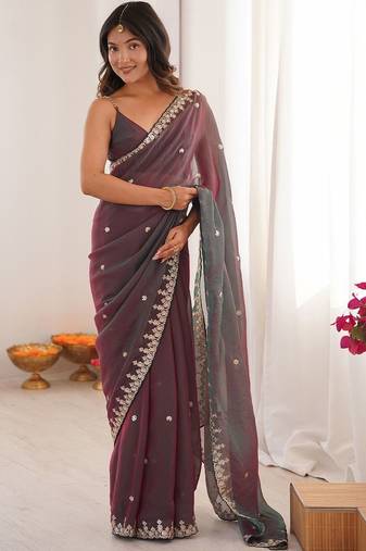 Multicolor ethnic motifs embroidered  chiffon heavy work saree