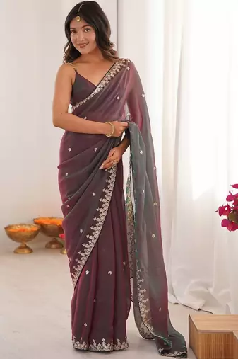 Multicolor ethnic motifs embroidered  chiffon heavy work saree