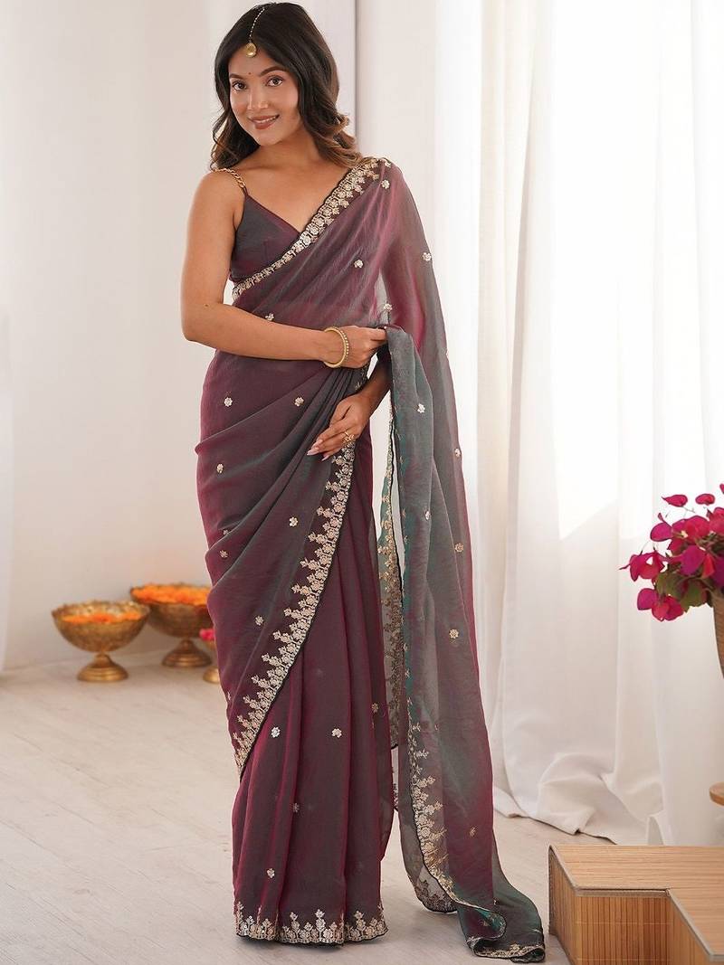 Multicolor ethnic motifs embroidered  chiffon heavy work saree