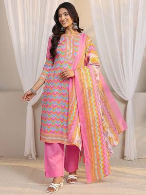 libas pink chevron printed straight suit set with dupatta 2