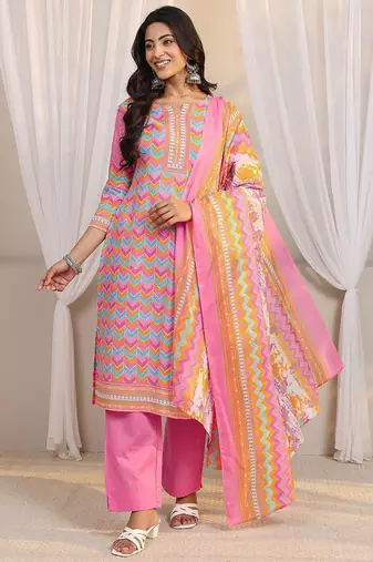 libas pink chevron printed straight suit set with dupatta