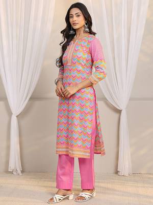 libas pink chevron printed straight suit set with dupatta 3