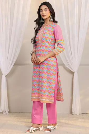 libas pink chevron printed straight suit set with dupatta