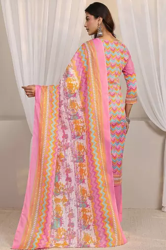 libas pink chevron printed straight suit set with dupatta