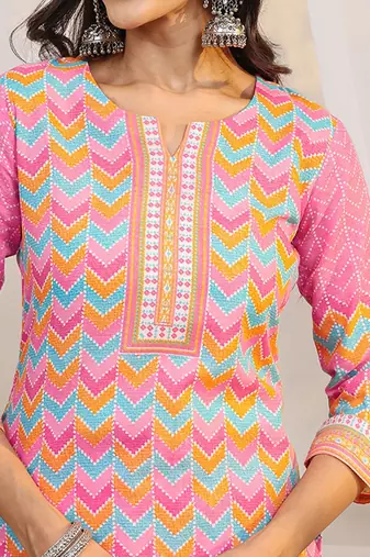libas pink chevron printed straight suit set with dupatta