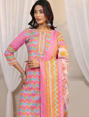 libas pink chevron printed straight suit set with dupatta 6