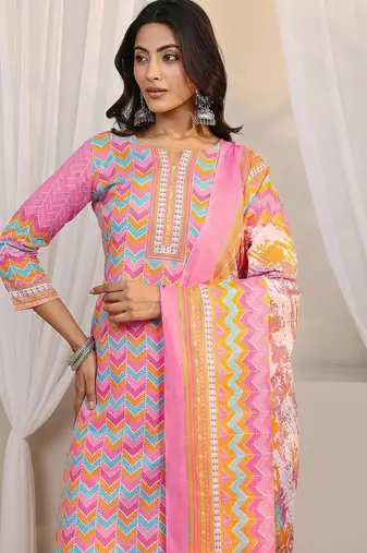 libas pink chevron printed straight suit set with dupatta