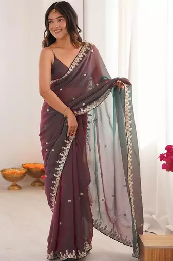 Multicolor ethnic motifs embroidered  chiffon heavy work saree