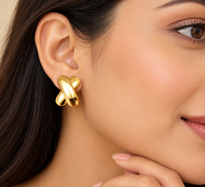 Gold-plated x-cross stud earrings, anti-tarnish jewellery