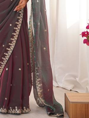 Multicolor ethnic motifs embroidered  chiffon heavy work saree 5