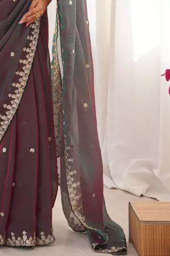 Multicolor ethnic motifs embroidered  chiffon heavy work saree