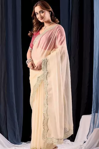 Cream embroidered organza designer saree
