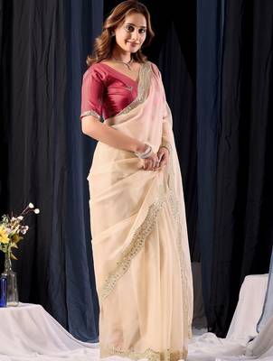 Cream embroidered organza designer saree 3