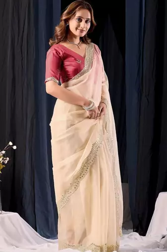 Cream embroidered organza designer saree