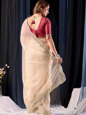 Cream embroidered organza designer saree 4