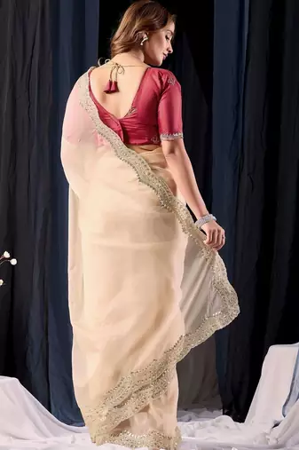 Cream embroidered organza designer saree