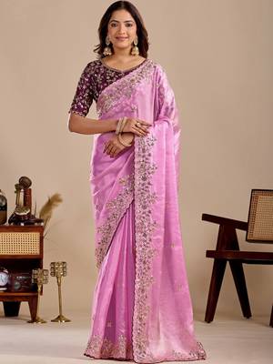 Pink floral sequinned silk blend designer saree 1