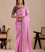 Pink floral sequinned silk blend designer saree