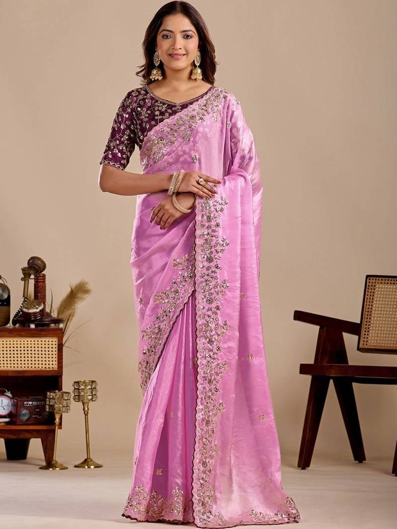 Pink floral sequinned silk blend designer saree