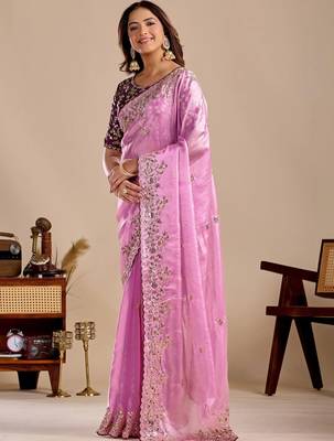 Pink floral sequinned silk blend designer saree 2