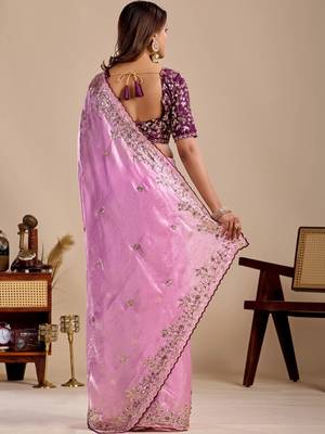 Pink floral sequinned silk blend designer saree 3