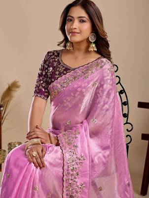 Pink floral sequinned silk blend designer saree 5