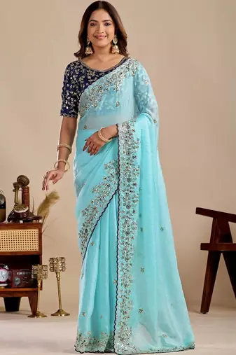 Blue floral sequinned silk blend designer saree