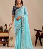 Blue floral sequinned silk blend designer saree