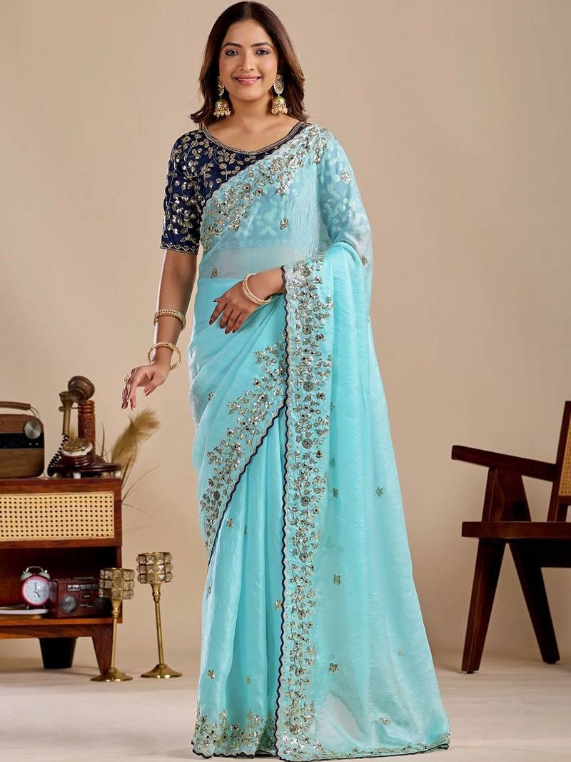 Blue floral sequinned silk blend designer saree