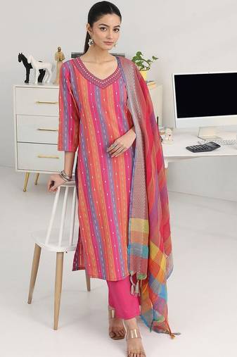 women striped regular thread work kurta with trousers & with dupatta