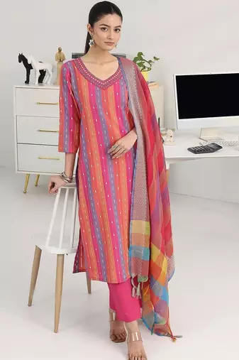 women striped regular thread work kurta with trousers & with dupatta