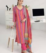 women striped regular thread work kurta with trousers & with dupatta