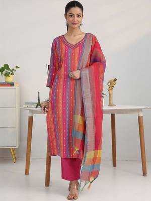 women striped regular thread work kurta with trousers & with dupatta 2