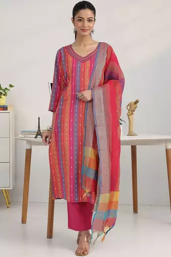 women striped regular thread work kurta with trousers & with dupatta