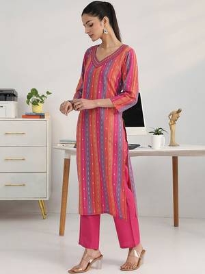 women striped regular thread work kurta with trousers & with dupatta 3