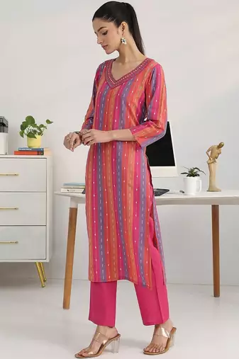women striped regular thread work kurta with trousers & with dupatta