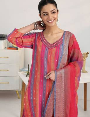 women striped regular thread work kurta with trousers & with dupatta 5