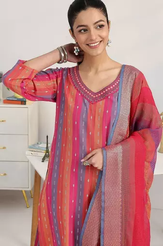 women striped regular thread work kurta with trousers & with dupatta