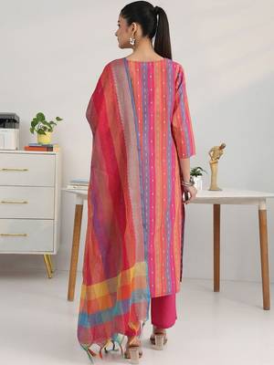 women striped regular thread work kurta with trousers & with dupatta 6